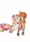  2girls ahoge bangs bare_shoulders bikini blush bracelet breasts collarbone eating eyewear_on_head f7_(000000f7) fate/grand_order fate_(series) floral_print flower_wreath food fujimaru_ritsuka_(female) fujimaru_ritsuka_(female)_(tropical_summer) green_bikini hair_ornament hair_ribbon hair_scrunchie hawaiian_shirt head_wreath highres ice_cream ice_cream_cone innertube jewelry kama_(fate) kama_(swimsuit_avenger)_(fate) kama_(swimsuit_avenger)_(first_ascension)_(fate) medium_breasts midriff miniskirt multiple_girls navel necklace one_side_up orange_eyes orange_hair orange_scrunchie rainbow_skirt red_eyes red_shirt ribbon sandals scrunchie shirt short_hair short_shorts shorts sitting skirt small_breasts smile spoon squatting sunglasses swimsuit thighhighs tied_shirt white_hair white_shorts white_thighhighs 