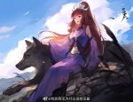  1girl absurdres bare_shoulders bird blue_sky chi_meng_(hua_jianghu_zhi_bei_mo_ting) detached_sleeves dress highres hua_jianghu_zhi_bei_mo_ting jewelry long_hair midriff necklace parted_lips ponytail purple_dress purple_skirt rock sitting skirt sky teeth tiara wode_xigua_weishenme_meiyou_gua_rang wolf 