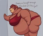  2023 anthro bear belly big_belly big_breasts bra breasts brown_body brown_fur brown_hair butt clothing english_text female fur hair helena_(porcinecat) looking_at_viewer mammal obese obese_anthro obese_female open_mouth open_smile overweight overweight_anthro overweight_female panties porcinecat smile solo text underwear 
