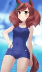  1girl animal_ears bare_shoulders blue_one-piece_swimsuit blue_sky blush breasts brown_eyes closed_mouth cloud cowboy_shot ear_covers hand_on_hip highres horse_ears horse_girl horse_tail medium_breasts nice_nature_(umamusume) ocean one-piece_swimsuit outdoors red_hair simoyuki sky solo squiggle swimsuit tail tracen_swimsuit twintails umamusume 
