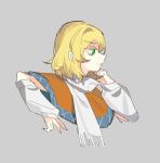  1girl arm_warmers blonde_hair capelet chinese_commentary commentary from_side green_eyes grey_background hand_on_own_chin kaminai404 medium_hair mizuhashi_parsee orange_capelet profile scarf simple_background solo touhou white_scarf 