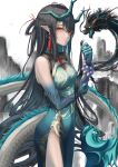  1girl absurdres arknights bangs bead_bracelet beads black_hair blue_dress blue_hair blue_skin bracelet china_dress chinese_clothes closed_mouth colored_skin covered_navel dragon dragon_girl dragon_horns dragon_tail dress dusk_(arknights) dusk_(everything_is_a_miracle)_(arknights) earrings gradient_hair gradient_skin groin hair_rings highres horns jewelry long_hair looking_at_viewer multicolored_hair official_alternate_costume orange_eyes pelvic_curtain pointy_ears sleeveless sleeveless_dress solo tail tail_through_clothes tassel tassel_earrings very_long_hair yahiro 