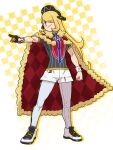  1girl alternate_eye_color argyle baseball_cap blonde_hair cape champion_uniform clenched_hand closed_mouth commentary_request cosplay cynthia_(pokemon) dynamax_band full_body fur-trimmed_cape fur_trim gloves habatakuhituji hair_ornament hair_over_one_eye hat leggings leon_(pokemon) long_hair partially_fingerless_gloves pointing pokemon pokemon_(game) pokemon_dppt pokemon_swsh purple_eyes red_cape shield_print shirt shoes short_shorts short_sleeves shorts single_glove smile solo standing sword_print white_shorts 
