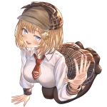  1girl absurdres blonde_hair brown_headwear brown_skirt hair_ornament hairpin highres hololive hololive_english honkivampy legs_folded looking_at_viewer necktie open_mouth red_necktie shirt skirt watson_amelia white_background white_shirt 