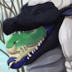  1:1 ambiguous_gender artist_name black_body blue_tongue dragon duo eyes_closed forked_tongue green_body grey_body grey_scales in_mouth low_res mouth_closed open_mouth oral_vore roobin scales scalie sharp_teeth teeth tongue tongue_out vore yellow_body 