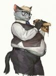 animal_crossing anthro belly belly_overhang bottomwear cettus clothing domestic_cat eating eyewear felid feline felis food formal_wear fur glasses grease grey_body grey_fur hi_res licking licking_lips male mammal nintendo overweight pants raymond_(animal_crossing) sandwich_(food) shirt smile solo tongue tongue_out topwear vest weight_gain 