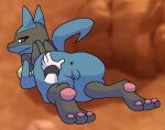  anthro anus armband black_body black_fur blue_body blue_fur breasts butt disembodied_penis duo eyelashes faceless_character faceless_human faceless_male female female_focus fur generation_4_pokemon genitals hand_on_butt hi_res human looking_back lucario male mammal mouth_closed nintendo pawpads penis pokemon pokemon_(species) praiz presenting pussy red_eyes smile spread_butt spreading yellow_body yellow_fur 