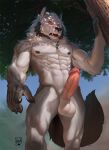  abs anthro balls big_balls canid canine canis claws erection fangs fur genitals hi_res lion21 male mammal muscular muscular_anthro muscular_male nipples nude open_mouth outside pecs plant red-eyes solo teeth tree were werecanid werecanine werewolf white_body white_fur wolf 
