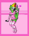  absurd_res anthro ara_(arathemacaw) arathemacaw avian beak bird clothing girly green_body hi_res legwear macaw male neotropical_parrot parrot pink_clothing smile solo thigh_highs true_parrot 