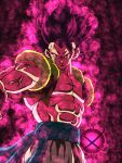  1boy abs absurdres anger_vein aura commentary_request dragon_ball dragon_ball_super earrings energy_ball frown gogeta highres hiro_(udkod1ezlyi2flo) jewelry male_focus metamoran_vest muscular muscular_male no_eyebrows purple_eyes purple_hair serious single_earring solo ultra_ego_(dragon_ball) upper_body 