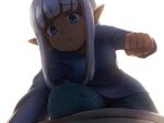  1girl backlighting blue_eyes clenched_hand commentary dark-skinned_female dark_skin elf highres karla_(kono_healer_mendokusai) kono_healer_mendokusai pointy_ears pov shirosato straddling white_hair 