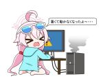  &gt;_&lt; 1girl achilles_(yosshyachillesd) ahoge at_computer bikini blue_archive blue_jacket chibi commentary_request computer hair_bobbles hair_ornament halo hoshino_(blue_archive) hoshino_(swimsuit)_(blue_archive) jacket long_hair long_sleeves low_twintails monitor mouse_(computer) open_mouth pink_hair simple_background sitting smoke solo swimsuit table translation_request twintails wariza white_background white_bikini 