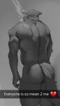  2023 absurd_res anthro bathing beastars big_butt butt canid canine canis claws digital_media_(artwork) english_text everyone_is_so_mean_to_me fur grey_body grey_fur hi_res legoshi_(beastars) male mammal meme monochrome muscular muscular_anthro muscular_male nude nyankyun540 rear_view sad shaded shower solo tail text thick_thighs water wet wet_body wolf 