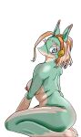  2023 2thpick anthro areola blonde_hair blue_eyes breasts female hair head_accessory hi_res ippan_josei multicolored_body my_hero_academia nipples nude simple_background sitting solo teal_body two_tone_body unknown_species white_background white_body 