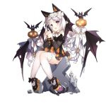  1girl :d animal_ears bangs bat_(animal) bat_wings black_dress black_footwear blush candle cat_tail dinergate_(girls&#039;_frontline) dress full_body girls&#039;_frontline glowing gun handgun head_tilt high_heels jack-o&#039;-lantern long_hair looking_at_viewer maid_headdress non-humanoid_robot official_alternate_costume official_art open_mouth own_hands_clasped own_hands_together p7_(girls&#039;_frontline) p7_(sister_gunslinger)_(girls&#039;_frontline) photoshop_(medium) pumpkin purple_eyes robot sangvis_ferri saru simple_background smile swept_bangs tail thighhighs tombstone transparent_background weapon white_hair white_thighhighs wings zettai_ryouiki 