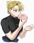  1girl absurdres black_shirt blonde_hair breasts brown_eyes cropped_torso doughnut ear_piercing eating folded_ponytail food fullmetal_alchemist hands_up highres holding holding_food large_breasts ozaki_(tsukiko3) piercing riza_hawkeye shirt simple_background solo sweatdrop upper_body white_background 
