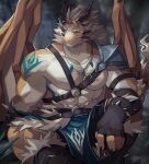  2023 5_fingers absurd_res anthro blurred_background dragon emblem fingers forest hi_res huge_filesize male muscular muscular_anthro muscular_male plant scalie signature sitting solo tattoo tree watermark wings yed 