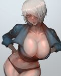  angel_(kof) black_jacket blue_eyes breasts davecavedraws gloves highres jacket large_breasts panties snk solo the_king_of_fighters tongue tongue_out underwear white_hair 