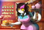  absurd_res anthro catti_(deltarune) container cup deltarune domestic_cat felid feline felis female food hi_res leechyhell mammal pancake solo teapot undertale_(series) waiter yellow_sclera 