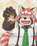  2023 ailurid anthro black_nose blush humanoid_hands kemono keychain kotadash lifewonders male mammal necktie overweight overweight_male red_body red_panda solo suspenders tokyo_afterschool_summoners zhurong_(tas) 