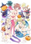  3girls absurdres aranya_(atelier) atelier_(series) atelier_rorona bandages between_legs bikini blue_bikini blue_eyes blue_thighhighs blue_wings blush breasts brown_hair candle cat commentary_request cuderia_von_feuerbach demon_horns demon_tail demon_wings full_body green_eyes halloween halloween_costume hand_between_legs hat highres horns horoholo_(atelier) kishida_mel lionela_heinze long_hair looking_at_another marionette medium_breasts multiple_girls official_art open_mouth pink_bikini pink_thighhighs pink_wings pumpkin pumpkin_on_head puppet purple_bikini purple_eyes purple_thighhighs purple_wings rororina_fryxell seiza short_hair side-tie_bikini_bottom sidelocks sitting small_breasts smile star_(symbol) sterkenburg_cranach swimsuit tail thighhighs twintails v white_background wings 