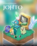  :d chikorita closed_eyes commentary cyndaquil fang fang_out fire grass highres kelvin-trainerk no_humans open_mouth pokegear pokemon pokemon_(creature) red_eyes sitting smile starter_pokemon_trio totodile twitter_username watermark 