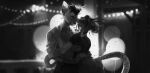  anthro blurred_background bottomwear cheek_tuft clothed clothing duo ear_piercing ear_ring eyelashes eyes_closed facial_tuft fairy_lights female floppy_ears hair happy kissing male markings monochrome pants piercing ring_piercing short_hair smile tail tail_markings topwear tuft unknowhiter 