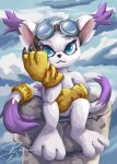  2022 3_toes absurd_res accessory anthro bandai_namco big_ears black_nose blue_eyes claws clothing cloud digimon digimon_(species) digital_media_(artwork) domestic_cat ear_tuft eyelashes eyewear eyewear_on_head feet felid feline felis female fur furgonomics gatomon gloves goggles goggles_on_head handwear hi_res jewelry long_tail mammal markings purple_markings ring rinidisc signature sitting smile solo tail tail_accessory tail_jewelry tail_markings tail_ring tail_tuft toes tuft white_body white_fur 