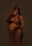  2021 anthro blue_eyes breasts brown_background brown_body brown_breasts brown_fur brown_hair brown_mane brown_nipples casual_nudity equid equine female fur hair hand_on_breast hand_on_stomach horse mammal mane nipples nude pregnant pregnant_female simple_background solo standing storm_engineer 