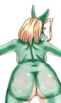  2023 2thpick anthro blonde_hair blue_eyes bodily_fluids breasts butt dripping female genital_fluids genitals hair head_accessory hi_res ippan_josei multicolored_body my_hero_academia nude pussy pussy_juice pussy_juice_drip simple_background sitting solo teal_body two_tone_body unknown_species white_background white_body 