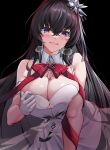  1girl absurdres bangs bare_shoulders black_background black_hair blush bow bowtie breasts character_request cleavage counter:side dress elze_(s01047480836) gloves hair_ornament heavy_breathing highres large_breasts long_hair looking_at_viewer naughty_face purple_eyes red_bow red_bowtie see-through simple_background sleeveless sleeveless_dress solo very_long_hair white_gloves 