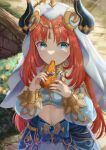  1girl absurdres aqua_eyes cake chinese_commentary commentary_request fake_horns food genshin_impact harem_outfit highres holding holding_cake holding_food horns long_sleeves longgu_(dragonbone0000) looking_at_viewer low_twintails nilou_(genshin_impact) puffy_long_sleeves puffy_sleeves red_hair solo twintails upper_body veil 