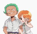  1boy 1girl absurdres aged_down brown_eyes dress dududu green_hair grin highres looking_at_viewer mouth_hold nami_(one_piece) ok_sign one_eye_closed one_piece red_hair roronoa_zoro shirt short_hair short_sleeves sleeveless sleeveless_dress smile stalk_in_mouth tongue tongue_out upper_body white_dress white_shirt 
