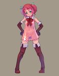  blue_eyes boots elbow_gloves gloves hands_on_hips original red_hair see-through short_hair short_twintails simple_background solo thigh_boots thigh_gap thighhighs twintails weno 