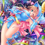  blonde_hair blue_footwear boots breasts dark_magician_girl duel_monster green_eyes hat highleg kogarashi_(wind_of_winter) large_breasts long_hair magical_hats one_eye_closed pentacle solo top_hat wand wizard_hat yuu-gi-ou yuu-gi-ou_duel_monsters 