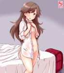  1girl alternate_costume arashio_(kantai_collection) artist_logo backpack bag bed bed_sheet blanket blush bottomless brown_eyes brown_hair collared_shirt covered_clitoris cowboy_shot dated eyebrows_visible_through_hair gradient gradient_background grey_background hair_between_eyes highres indoors kanon_(kurogane_knights) kantai_collection long_hair long_sleeves looking_at_viewer navel no_panties open_clothes open_mouth open_shirt randoseru remodel_(kantai_collection) shirt signature sleeves_rolled_up solo standing white_shirt 