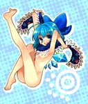  1girl armpits bad_id bad_pixiv_id barefoot blue_eyes blue_hair bow cirno feet hair_bow mitsubachi_koucha naked_scarf nude scarf short_hair solo touhou wings 