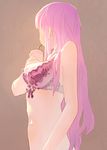  bow bow_bra bra breasts brown_background cup drink drinking drinking_straw holding kango_tarou lace lace-trimmed_bra large_breasts lingerie long_hair looking_away navel original pink_bra pink_hair simple_background sipping solo underwear upper_body 