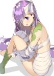 1girl :d absurdres bandage bandage_over_one_eye bow breasts choker cleavage fate/grand_order fate_(series) full_body hair_bow highres kanzarin_(hoochikiss) kingprotea long_hair looking_at_viewer medium_breasts moss open_mouth purple_eyes purple_hair shadow simple_background sitting smile solo white_background white_bow white_neckwear 