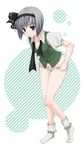  bad_id bad_pixiv_id bent_over black_hairband bob_cut bobby_socks dress_shirt grey_eyes grey_hair hair_ribbon hairband konpaku_youmu no_pants panties panty_pull puffy_sleeves ribbon shirt short_hair silver_hair simple_background socks solo striped striped_background tottoto_tomekichi touhou underwear undressing vest white_legwear 