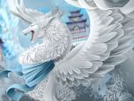  2019 blue_eyes claws day detailed_background digital_media_(artwork) dragon feathered_dragon feathers fur furred_dragon nashiholy open_mouth outside sky teeth tongue white_feathers white_fur 