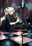  1girl back-to-back candle checkered checkered_floor dress formal instrument katsura_miya keyboard_(instrument) maka_albarn melodica perspective sitting soul_eater soul_eater_(character) suit twintails white_hair 