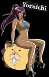  bikini bleach breasts cleavage dark_skin high_heels highres kon sandals sexy shihouin_yoruichi shoes smile swimsuit toes undersized_clothes 