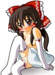  bad_id bad_pixiv_id blush brown_hair detached_sleeves hair_censor hair_over_breasts hair_ribbon hakurei_reimu long_hair ribbon shinjitsu solo thighhighs topless touhou zettai_ryouiki 