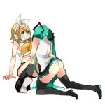  aqua_eyes aqua_hair ass bad_id bad_pixiv_id blonde_hair hair_ornament hair_ribbon hairclip hatsune_miku headphones kagamine_rin legs long_hair meno multiple_girls panties ribbon short_hair shorts simple_background skirt striped striped_panties thighhighs twintails underwear vocaloid yuri 