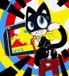  amai_puwai_(artist) anthro anus atlus backsack balls bandanna black_fur blue_eyes butt dipstick_tail domestic_cat felid feline felis fur gaming looking_back male mammal megami_tensei morgana_(persona) multicolored_tail persona playing_videogame sitting solo stool video_games white_balls 