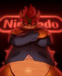  2019 anthro bottomless bowser clothed clothing glowing glowing_eyes grin hair hi_res horn koopa looking_down male mario_bros nintendo red_eyes red_hair reptile scalie sharp_teeth smashega smile solo standing suit teeth text video_games 