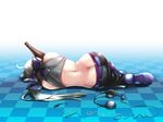  ahoge alcohol ass back bottle butt_crack caffein checkered checkered_floor curvy dimples_of_venus downpants headphones headphones_removed highres long_hair lying midriff on_side panties perspective ponytail purple_panties silver_hair solo underwear vocaloid voyakiloid wallpaper yowane_haku 