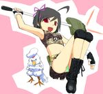  ahoge armpits bird black_hair boots call_of_duty call_of_duty:_modern_warfare_2 camouflage camouflage_tank_top check_translation claymore_(mine) commentary dog_tags explosive fingerless_gloves gloves hat knee_pads midriff military mine_(weapon) miniskirt mkebi navel open_mouth original panties pantyshot personification pun red_eyes ribbon side_ponytail skirt solo sword tank_top translation_request underwear weapon 