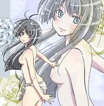  bapio black_hair blue_eyes breasts flower long_hair looking_back panties saten_ruiko small_breasts smile solo to_aru_kagaku_no_railgun to_aru_majutsu_no_index topless underwear underwear_only zoom_layer 